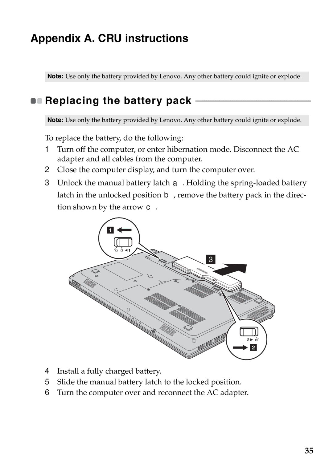 Lenovo G770 manual Appendix A. CRU instructions, Replacing the battery pack 