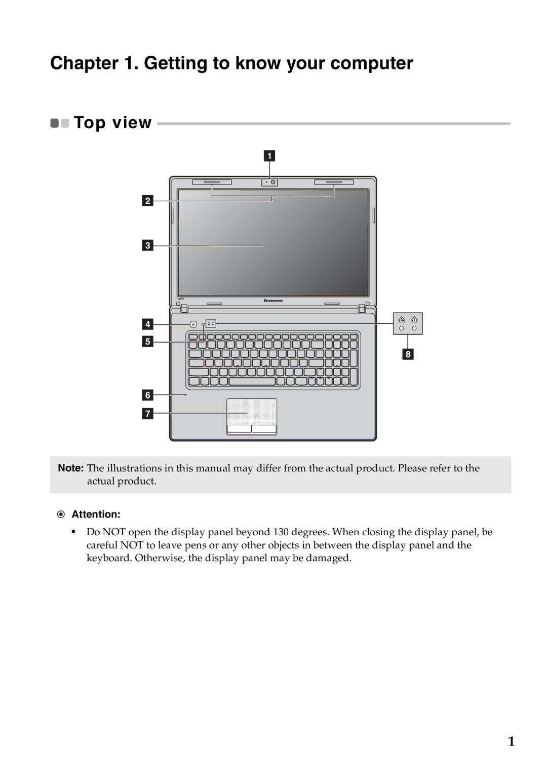 Lenovo G770 manual Getting to know your computer, Top view 