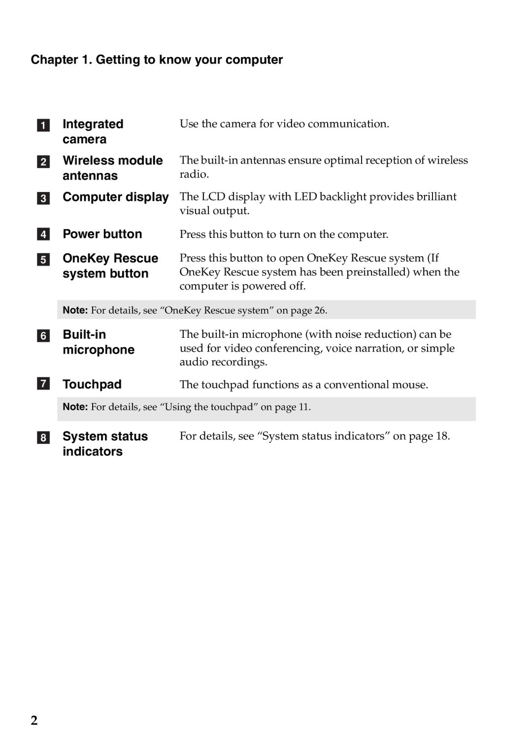 Lenovo G770 manual Getting to know your computer Integrated, Built-in microphone Touchpad 