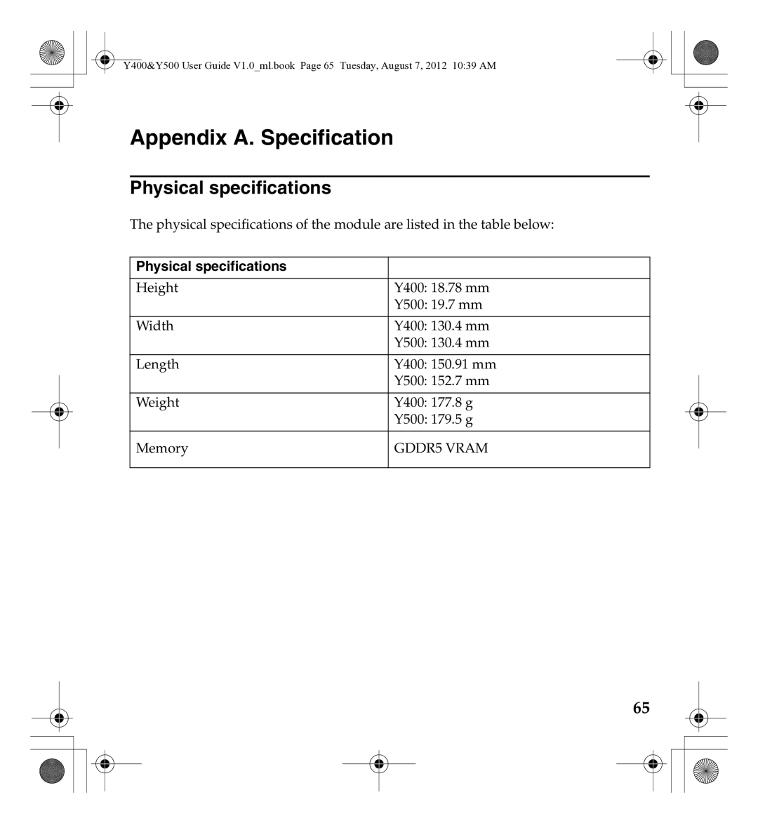 Lenovo 0C22230, Gn35 manual Appendix A. Specification, Physical specifications 