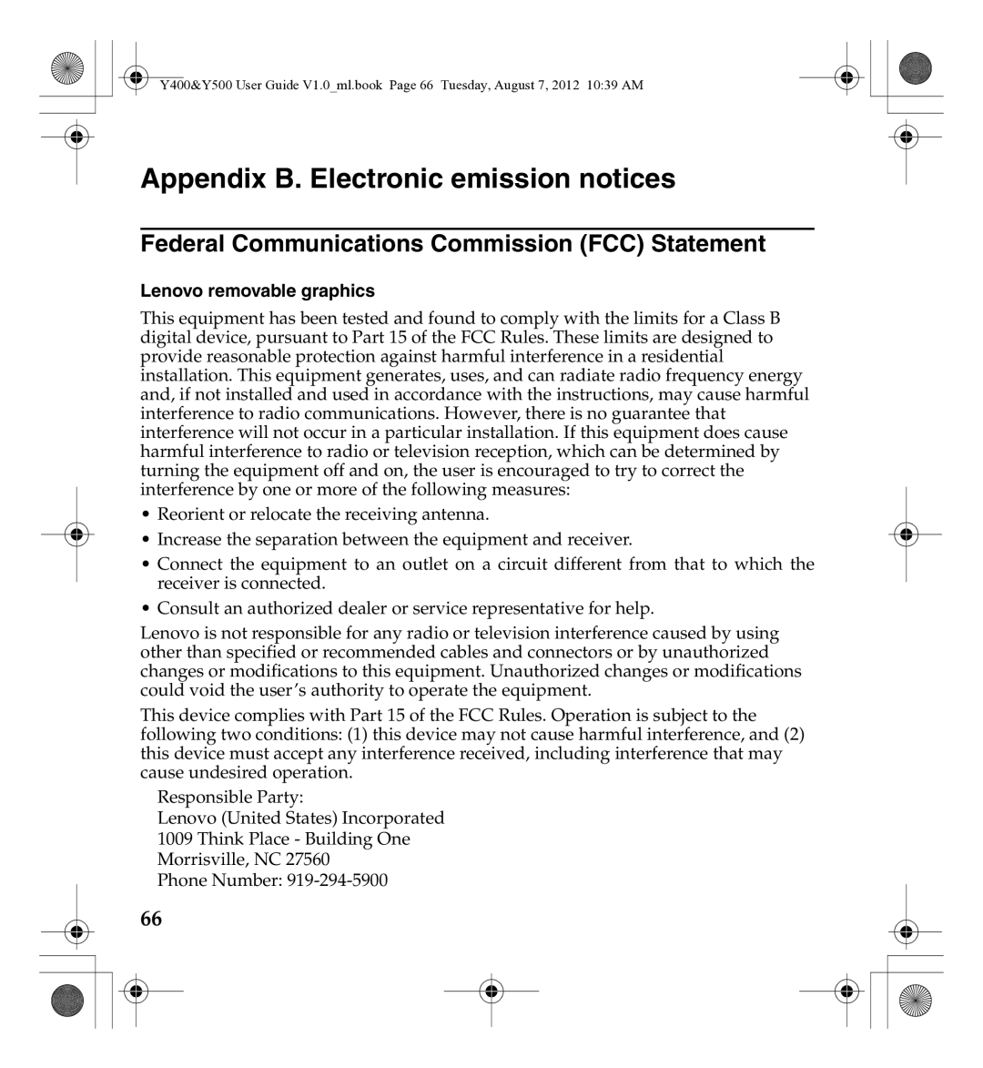 Lenovo Gn35, 0C22230 manual Appendix B. Electronic emission notices, Federal Communications Commission FCC Statement 