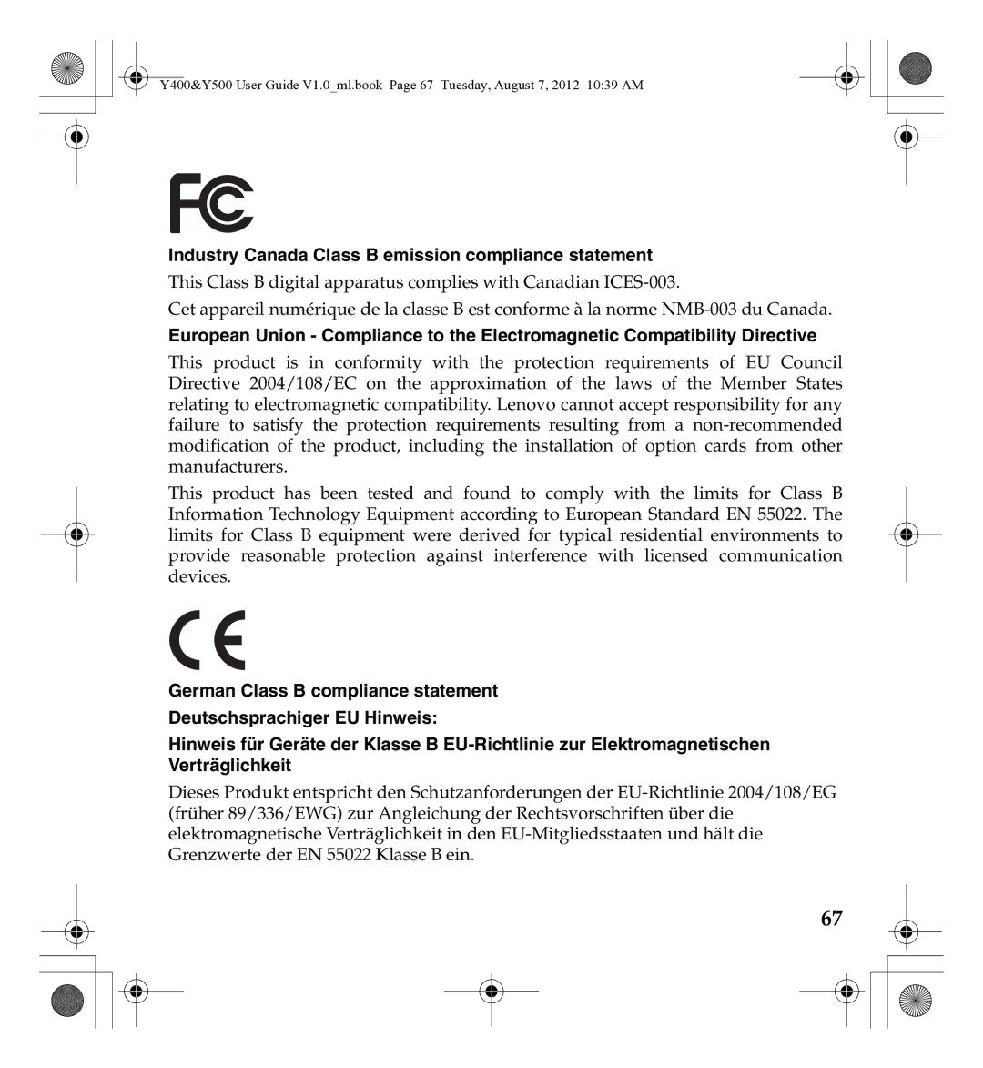 Lenovo 0C22230, Gn35 manual Industry Canada Class B emission compliance statement 