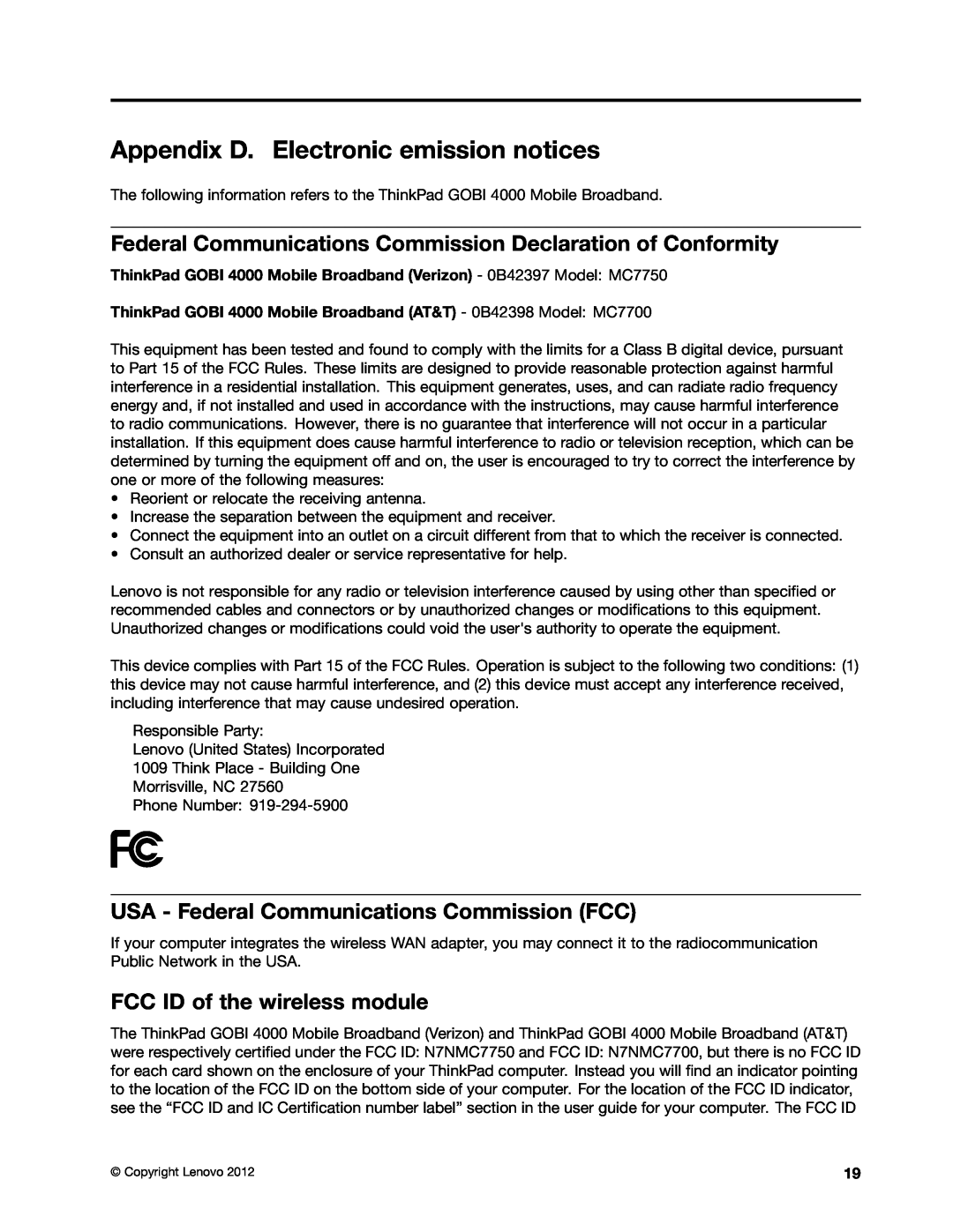 Lenovo GOBI 4000 Appendix D. Electronic emission notices, Federal Communications Commission Declaration of Conformity 