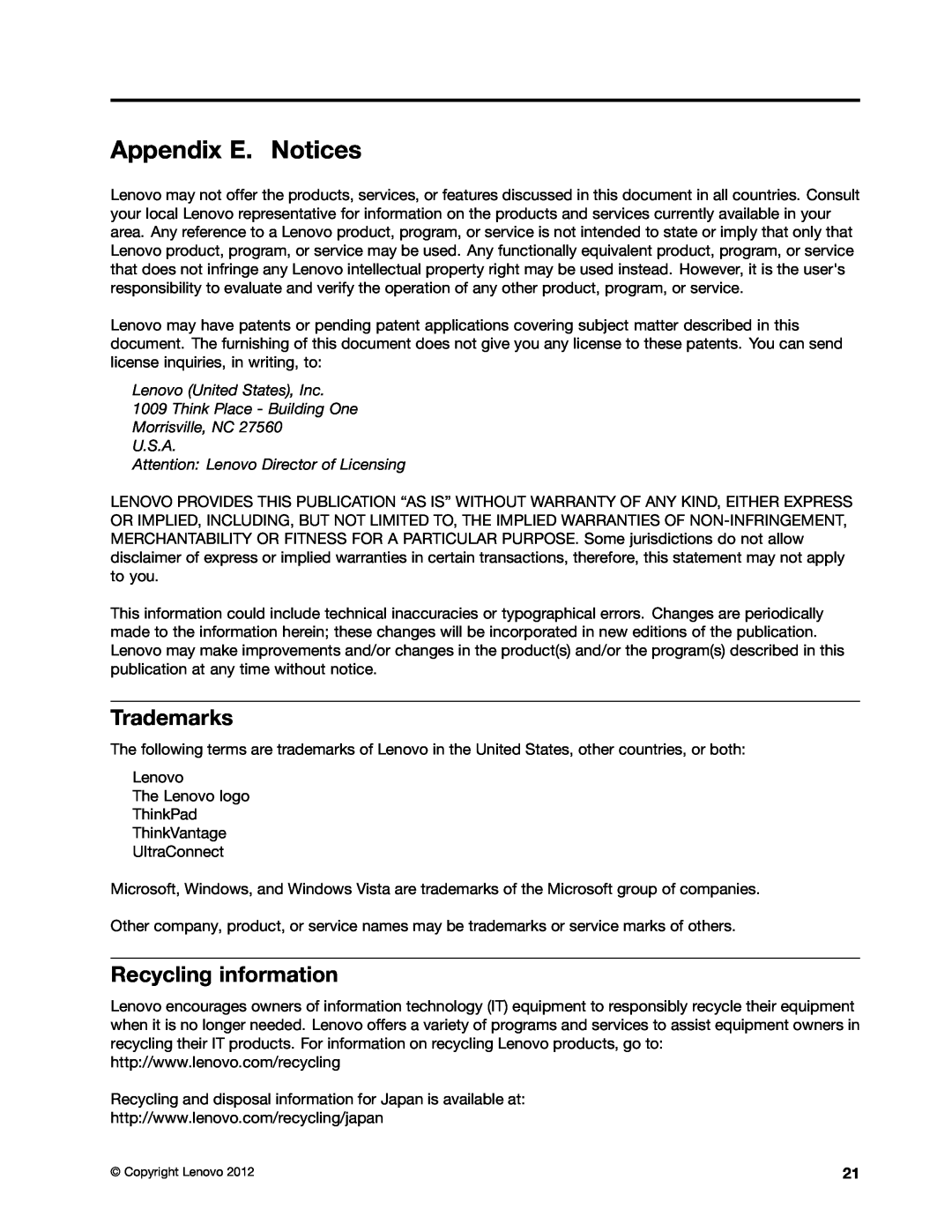 Lenovo GOBI 4000 manual Appendix E. Notices, Trademarks, Recycling information 