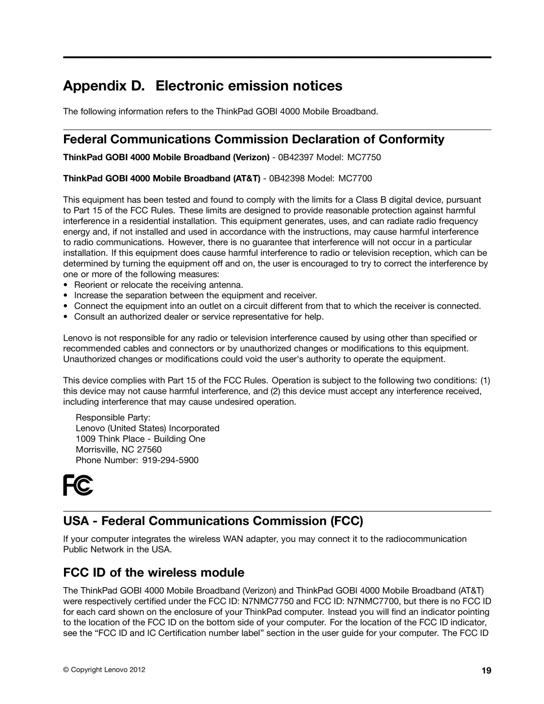 Lenovo GOBI 4000 Appendix D. Electronic emission notices, Federal Communications Commission Declaration of Conformity 