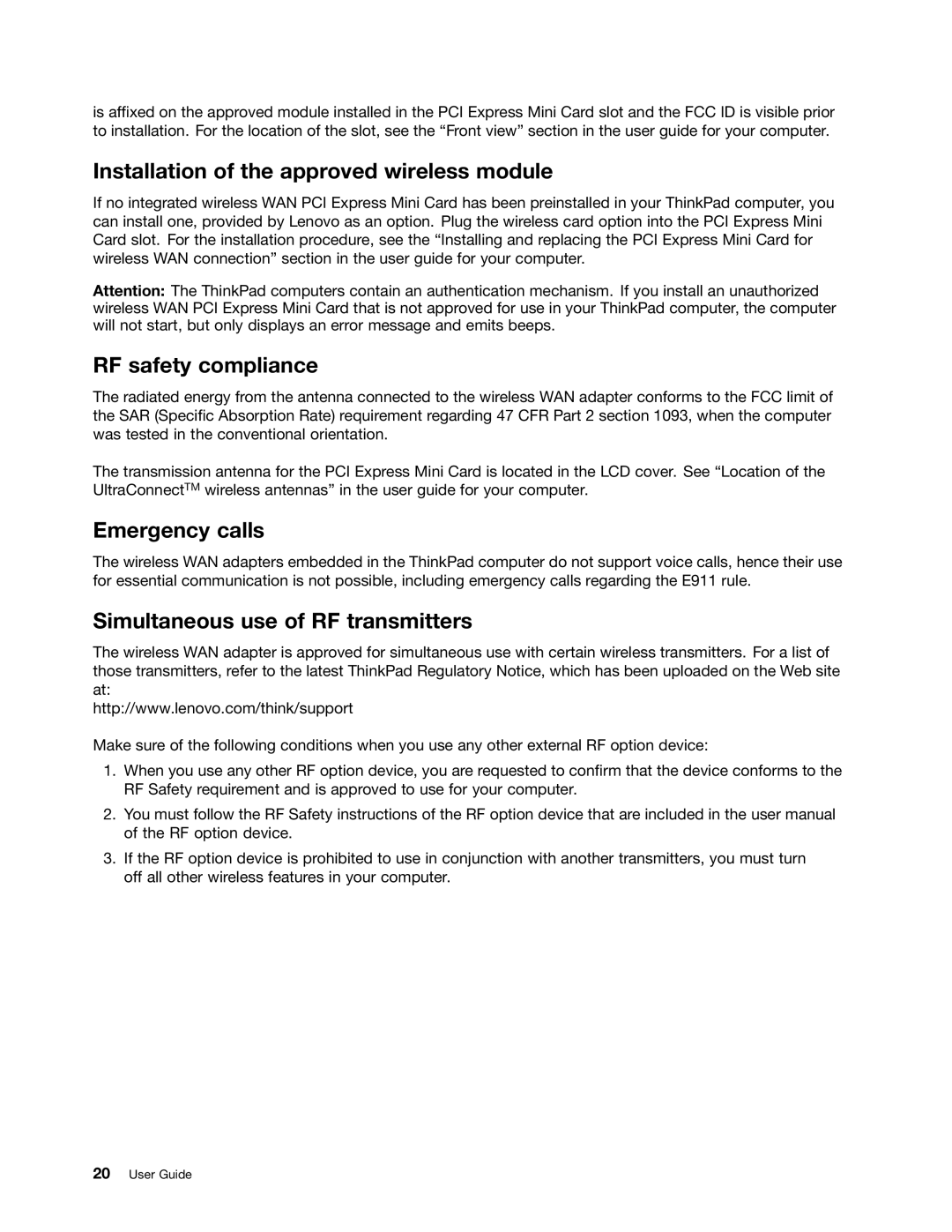 Lenovo GOBI 4000 manual Installation of the approved wireless module, RF safety compliance, Emergency calls 