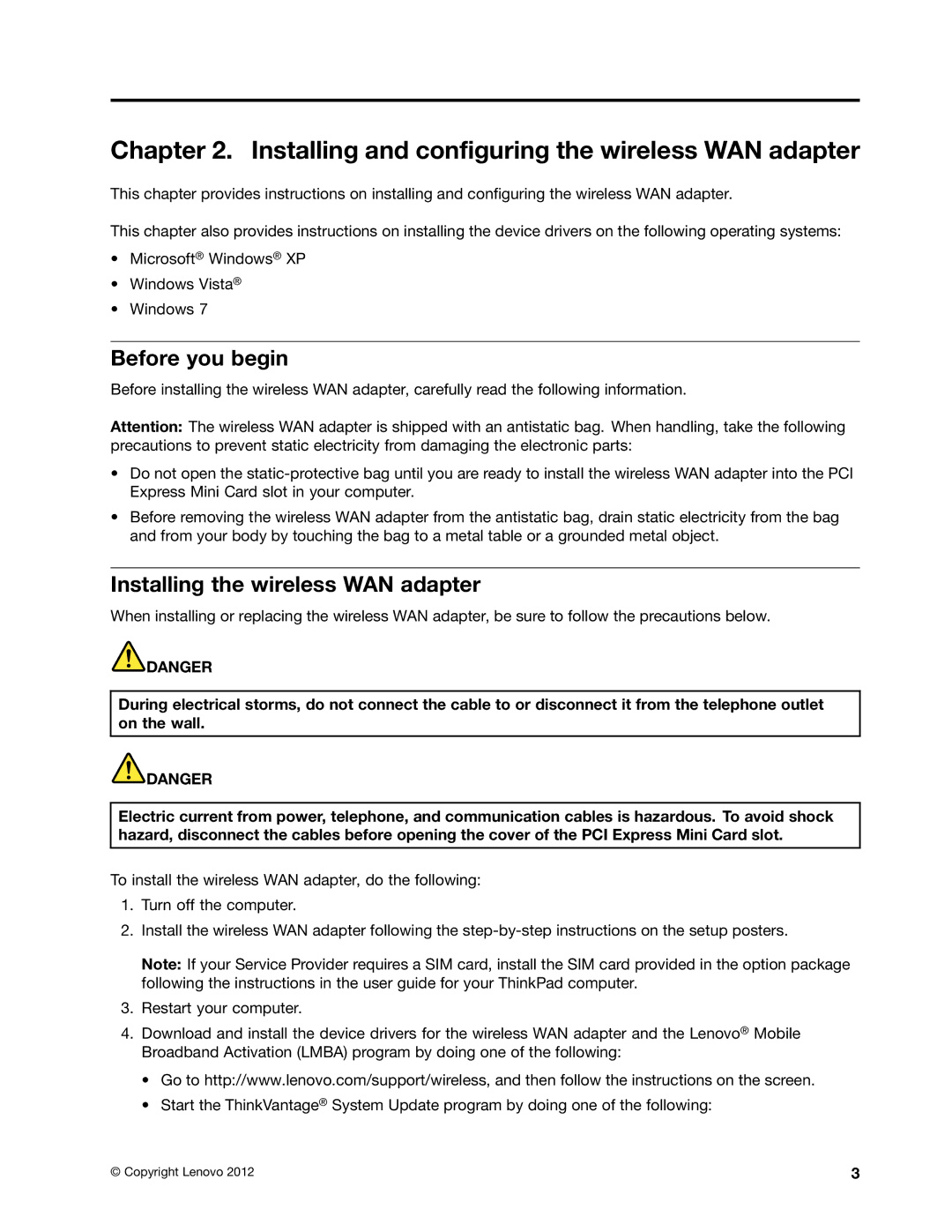 Lenovo GOBI 4000 manual Installing and configuring the wireless WAN adapter, Before you begin 