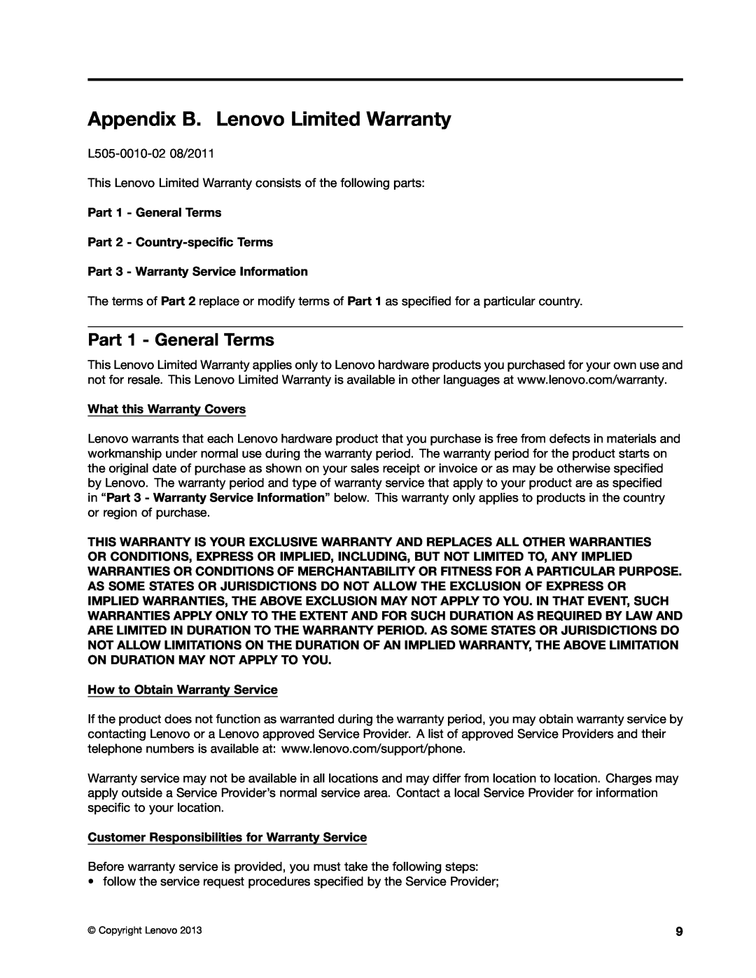 Lenovo GOBI 5000 manual Appendix B. Lenovo Limited Warranty, Part 1 - General Terms, Part 3 - Warranty Service Information 