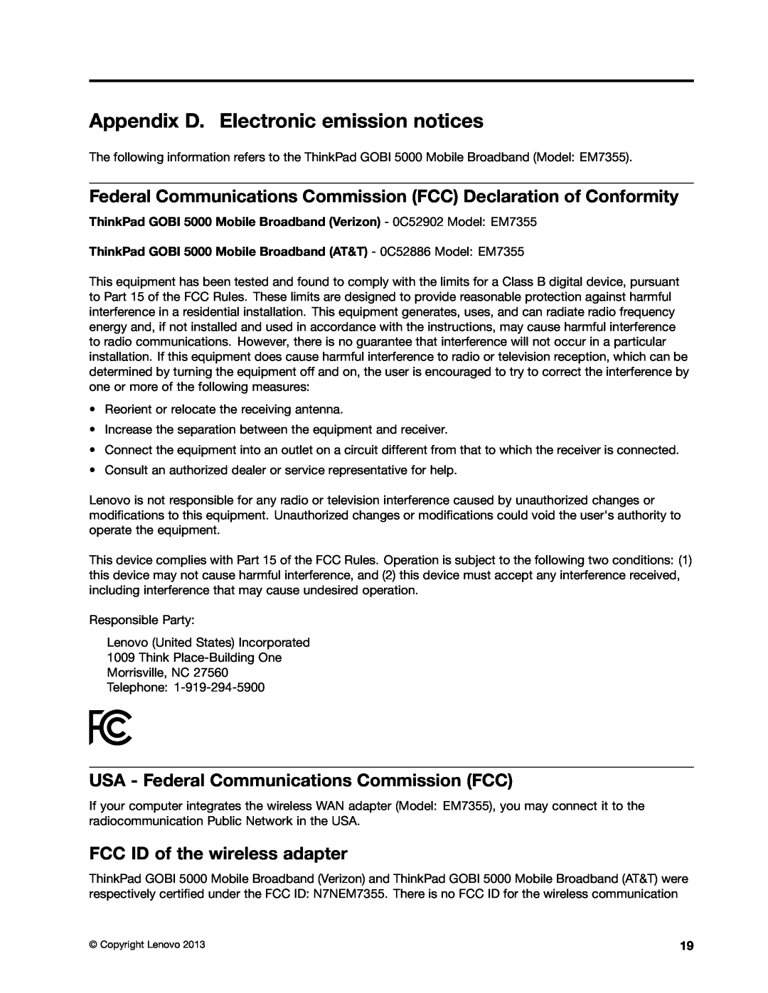 Lenovo GOBI 5000 Appendix D. Electronic emission notices, Federal Communications Commission FCC Declaration of Conformity 
