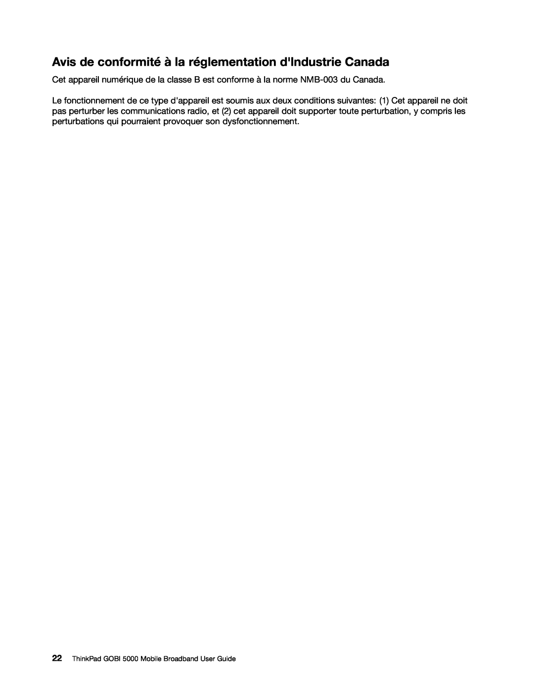Lenovo manual Avis de conformité à la réglementation dlndustrie Canada, ThinkPad GOBI 5000 Mobile Broadband User Guide 