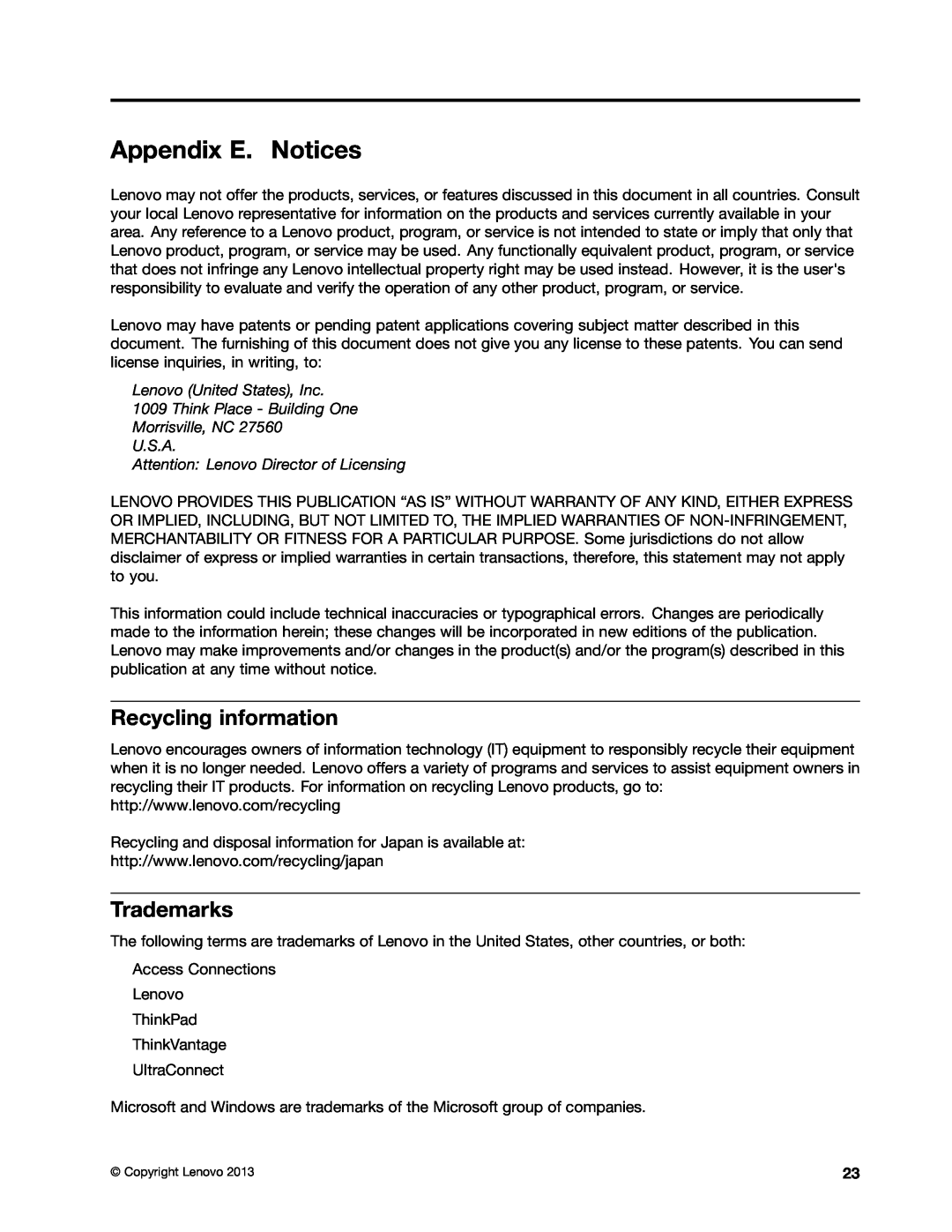 Lenovo GOBI 5000 manual Appendix E. Notices, Recycling information, Trademarks 