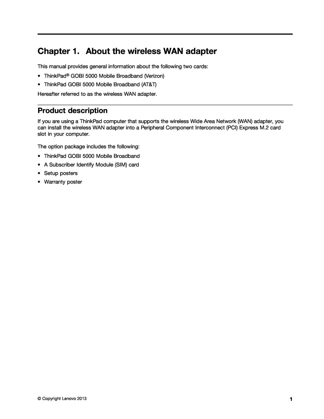 Lenovo GOBI 5000 manual About the wireless WAN adapter, Product description 