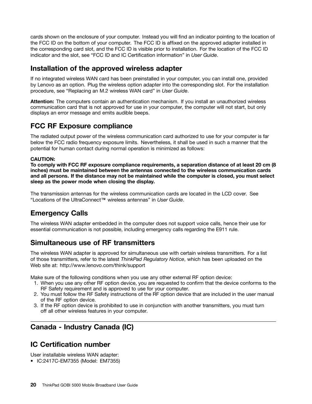 Lenovo GOBI 5000 manual Installation of the approved wireless adapter, FCC RF Exposure compliance, Emergency Calls 