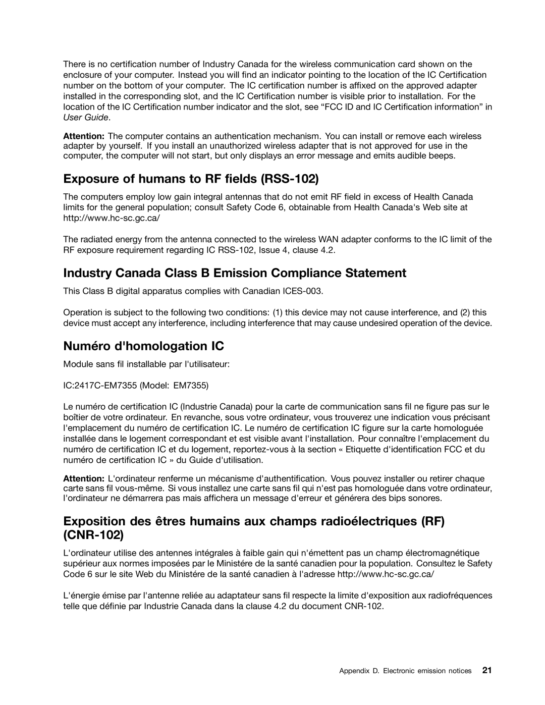 Lenovo GOBI 5000 manual Exposure of humans to RF fields RSS-102, Industry Canada Class B Emission Compliance Statement 