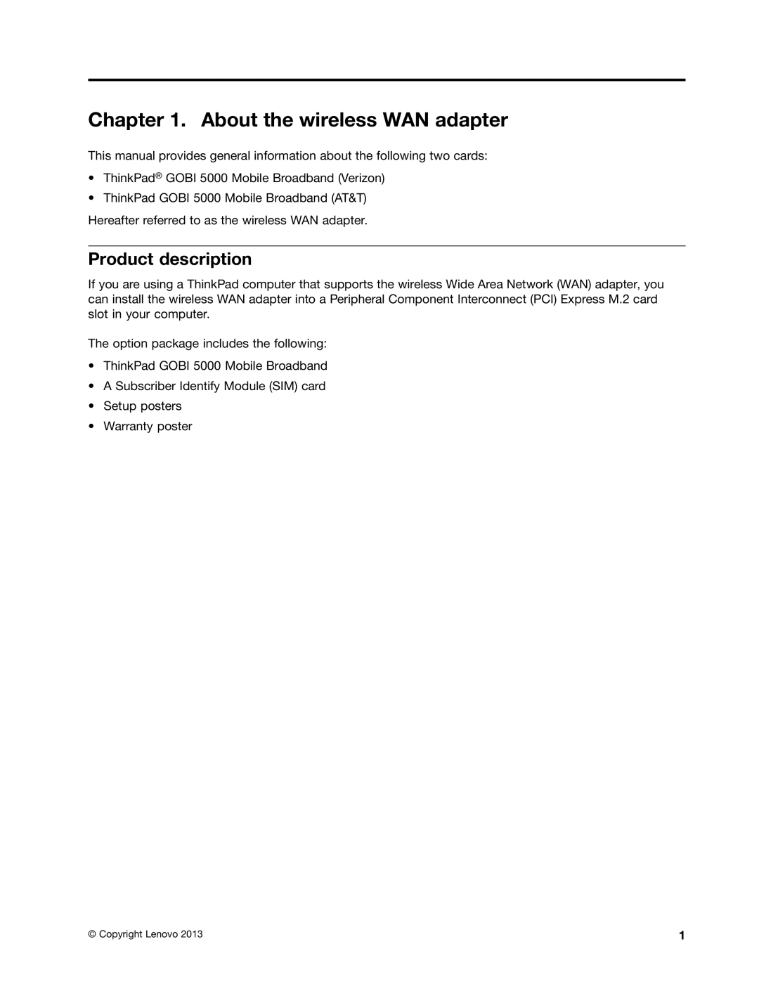 Lenovo GOBI 5000 manual About the wireless WAN adapter, Product description 