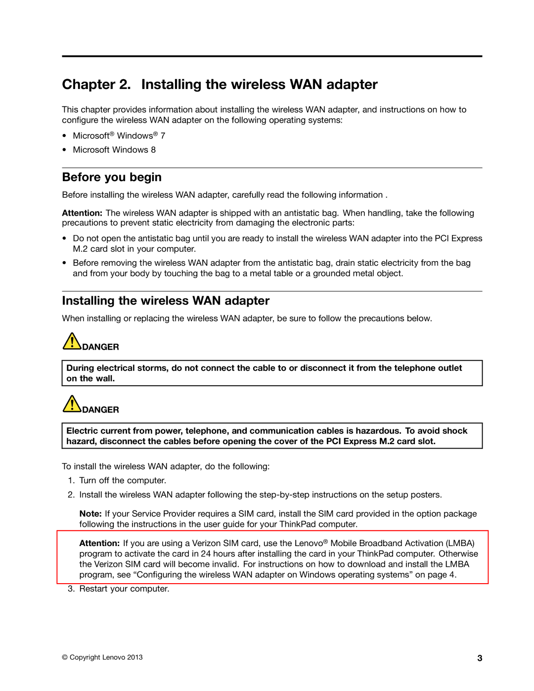 Lenovo GOBI 5000 manual Installing the wireless WAN adapter, Before you begin 