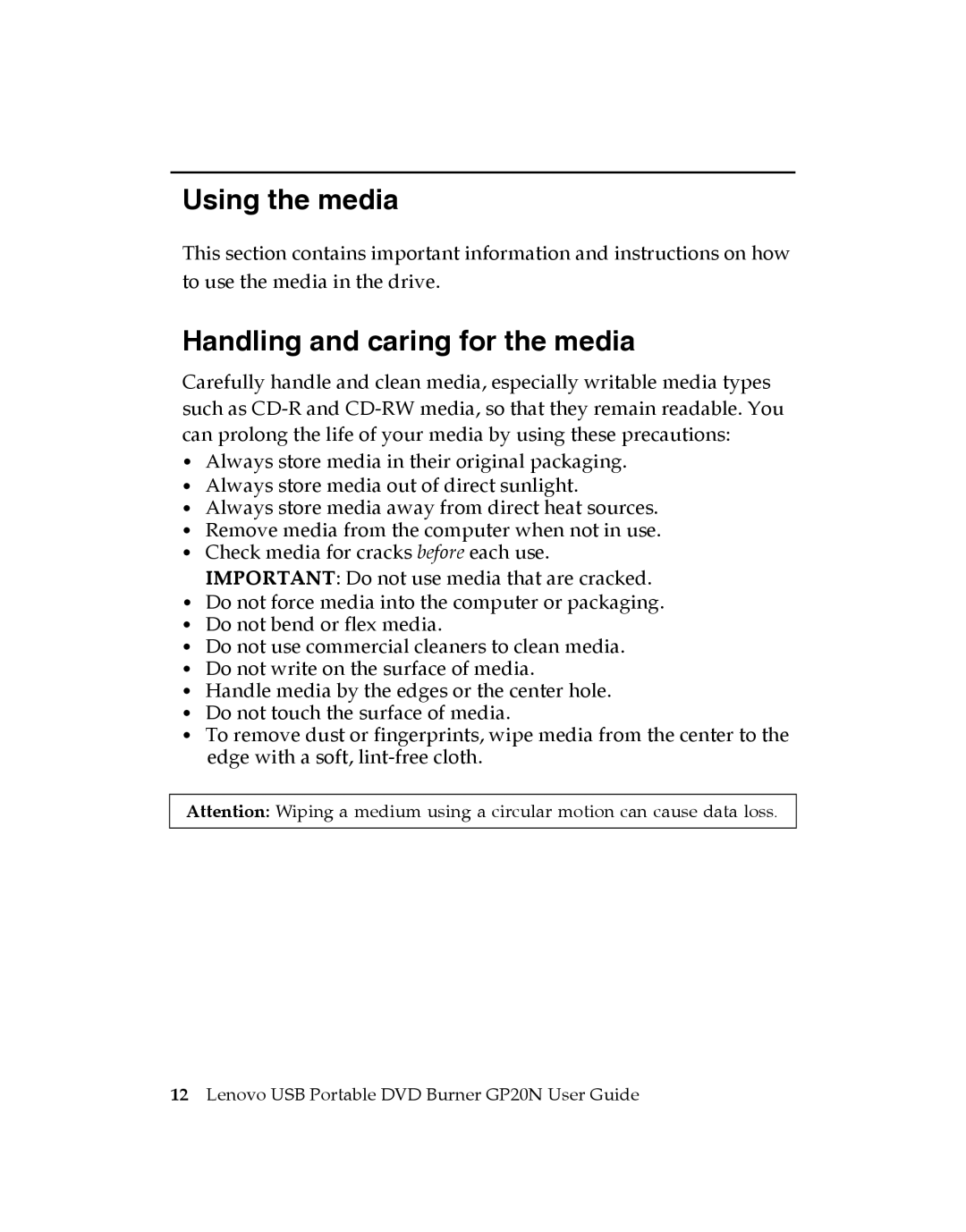 Lenovo GP20N manual Using the media, Handling and caring for the media 