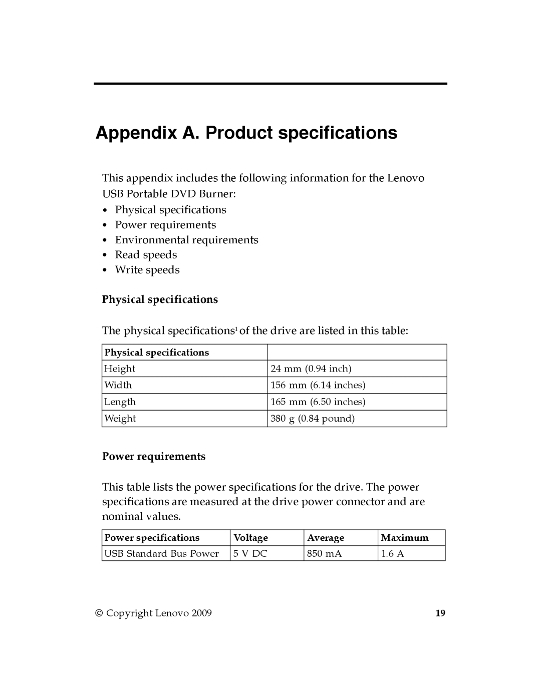 Lenovo GP20N manual Appendix A. Product specifications, Physical specifications, Power requirements 