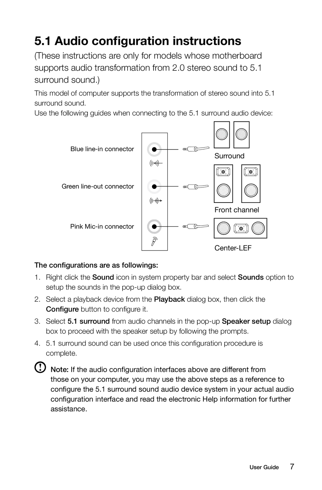 Lenovo 57312710, H520S, H505S, 57311365, 4746, 3230, 31502552, 2561, 10093, 10107 manual Audio configuration instructions 