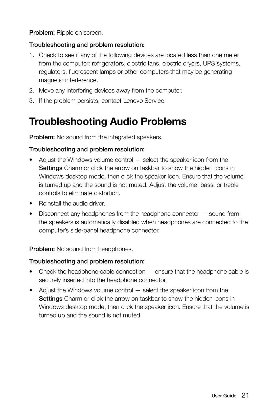 Lenovo 31502552, H520S, H505S, 57312710, 57311365, 4746, 3230, 2561, 10093, 10107 manual Troubleshooting Audio Problems 