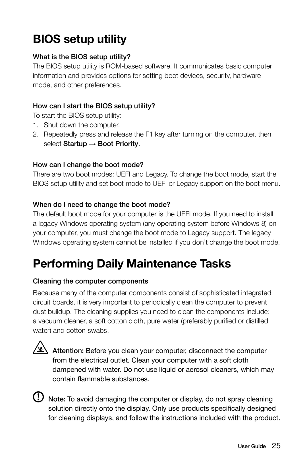 Lenovo H520S, H505S, 57312710, 57311365, 4746, 3230, 31502552, 2561, 10093 Bios setup utility, Performing Daily Maintenance Tasks 