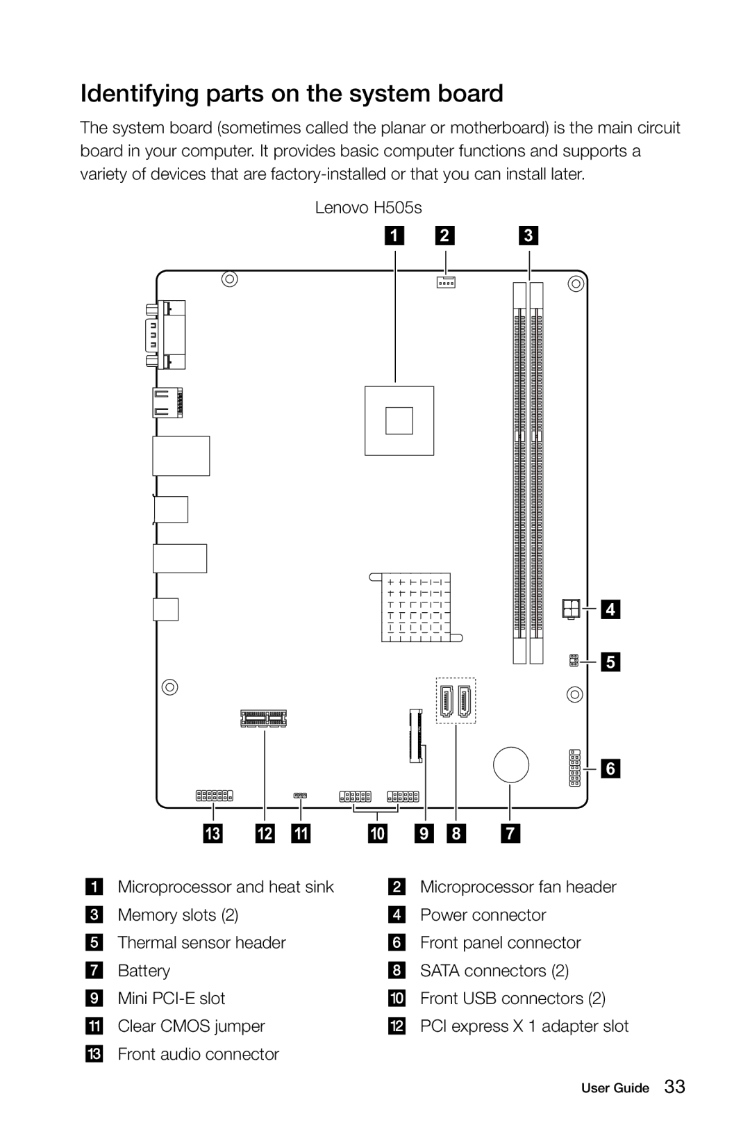 Lenovo 10093, H520S, H505S, 57312710, 57311365, 4746, 3230, 31502552, 2561, 10107 manual Identifying parts on the system board 