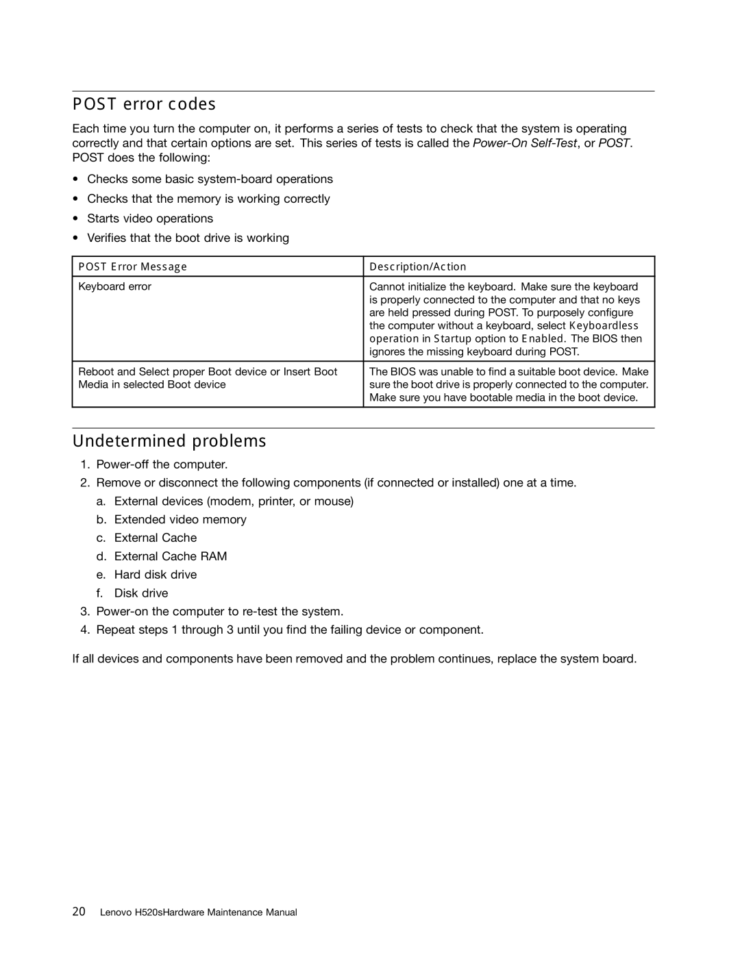 Lenovo H520S manual Post error codes, Undetermined problems, Post Error Message Description/Action 