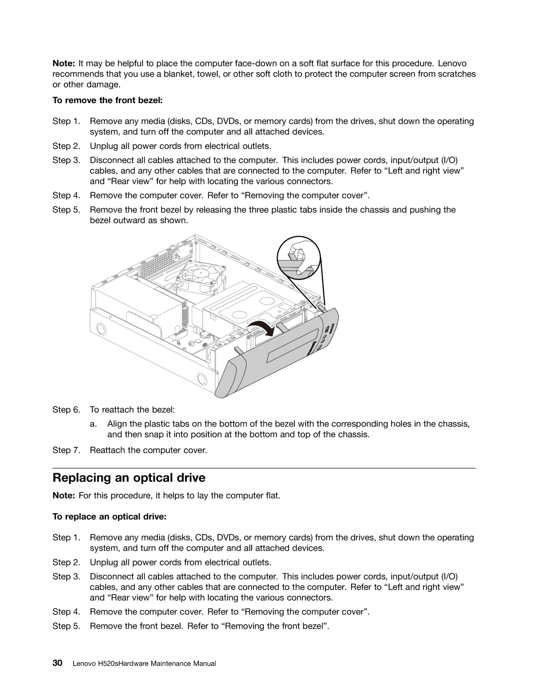 Lenovo H520S manual Replacing an optical drive, To remove the front bezel, To replace an optical drive 