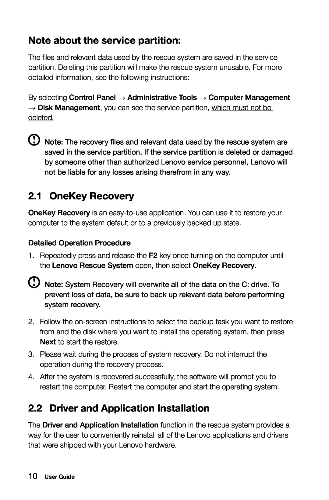 Lenovo H5S manual Note about the service partition, OneKey Recovery, 2.2Driver and Application Installation 