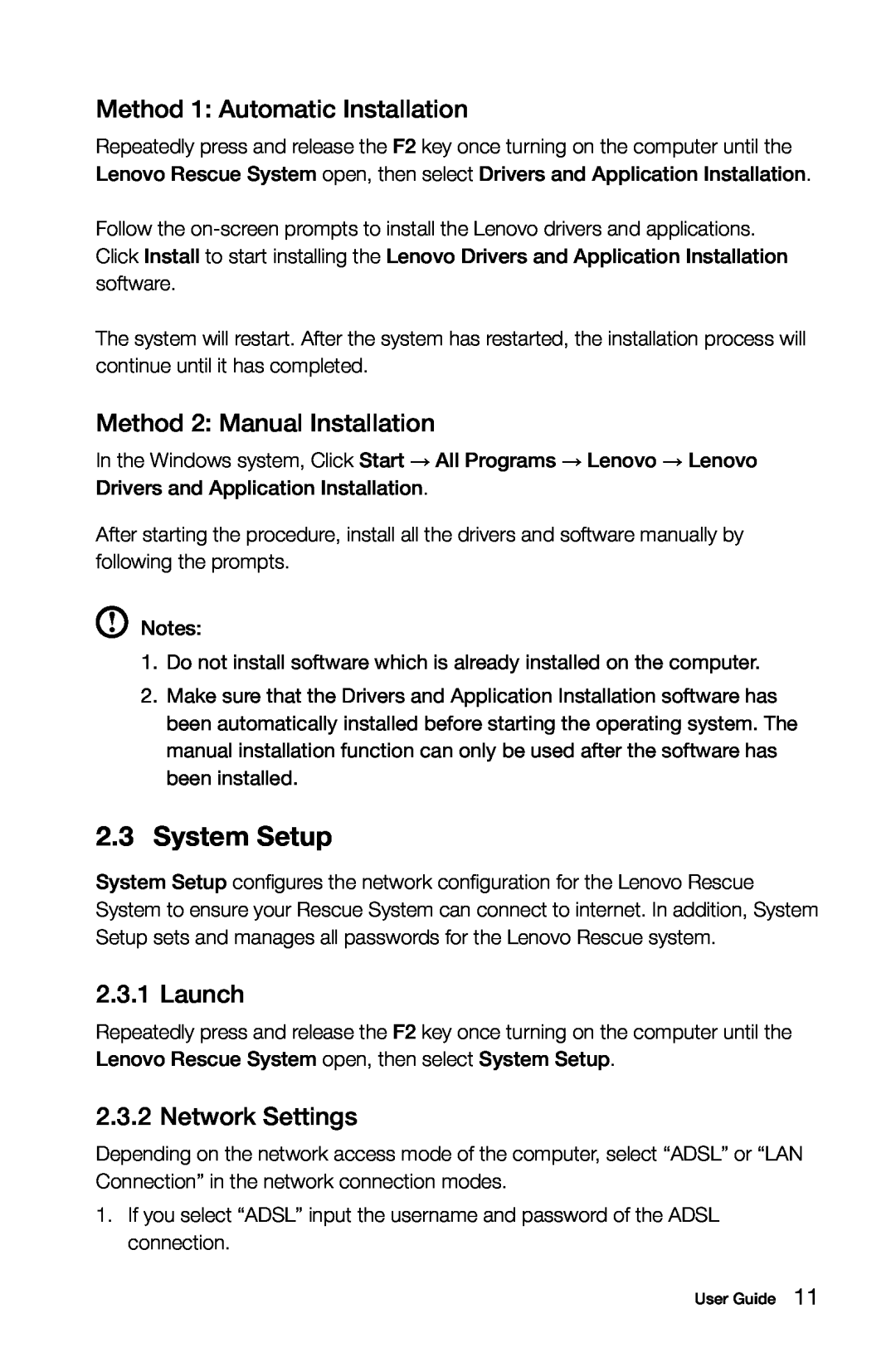 Lenovo H5S manual 2.3System Setup, Method 1 Automatic Installation, Method 2 Manual Installation, Launch, Network Settings 