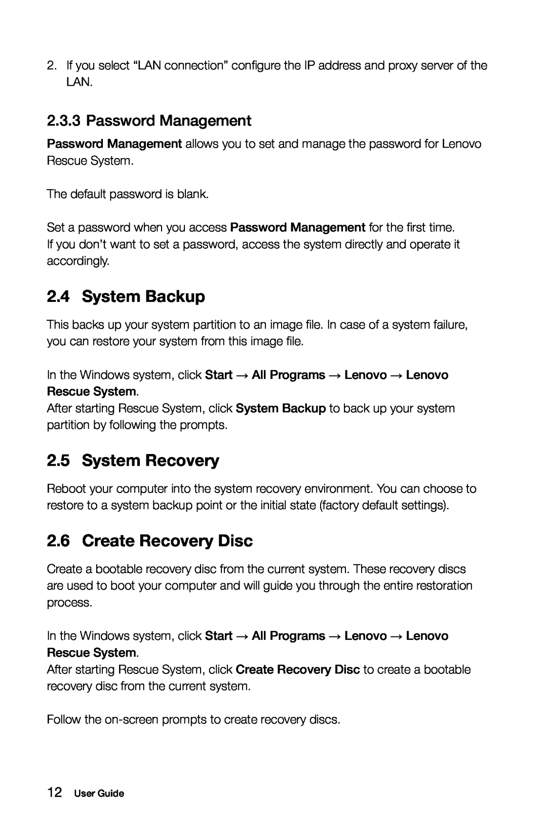 Lenovo H5S manual System Backup, System Recovery, Create Recovery Disc, Password Management 
