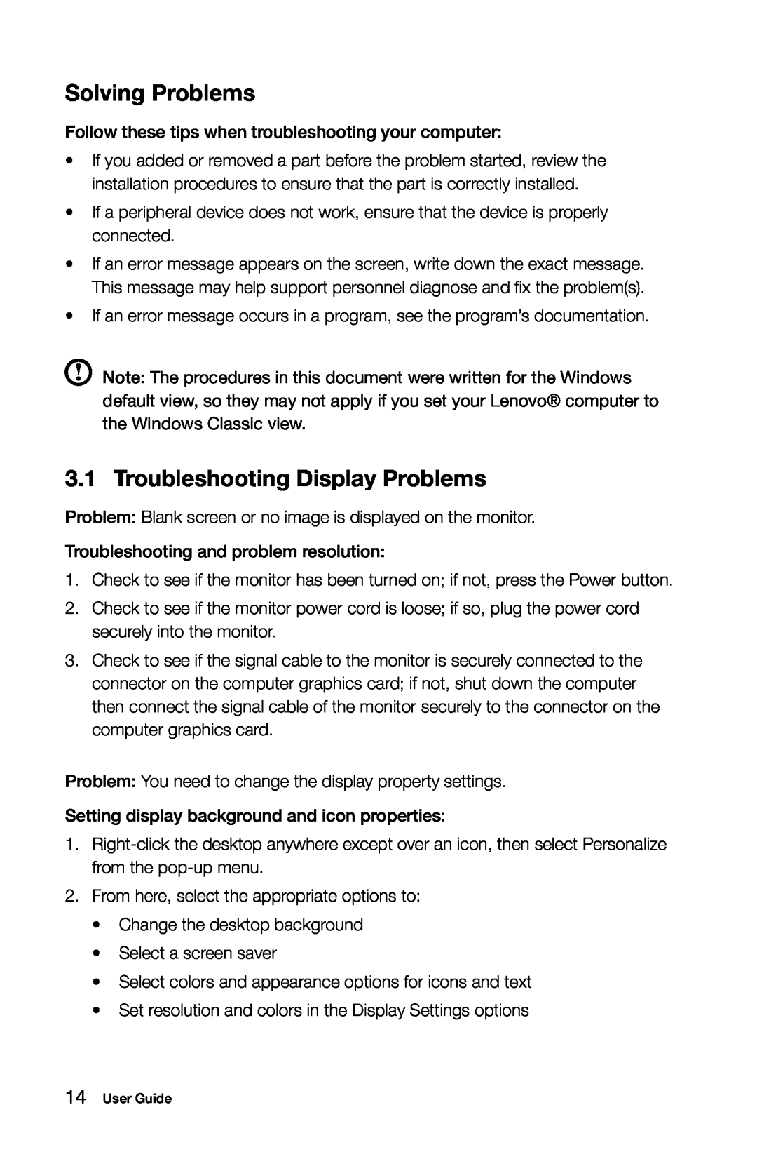 Lenovo H5S manual Solving Problems, Troubleshooting Display Problems 