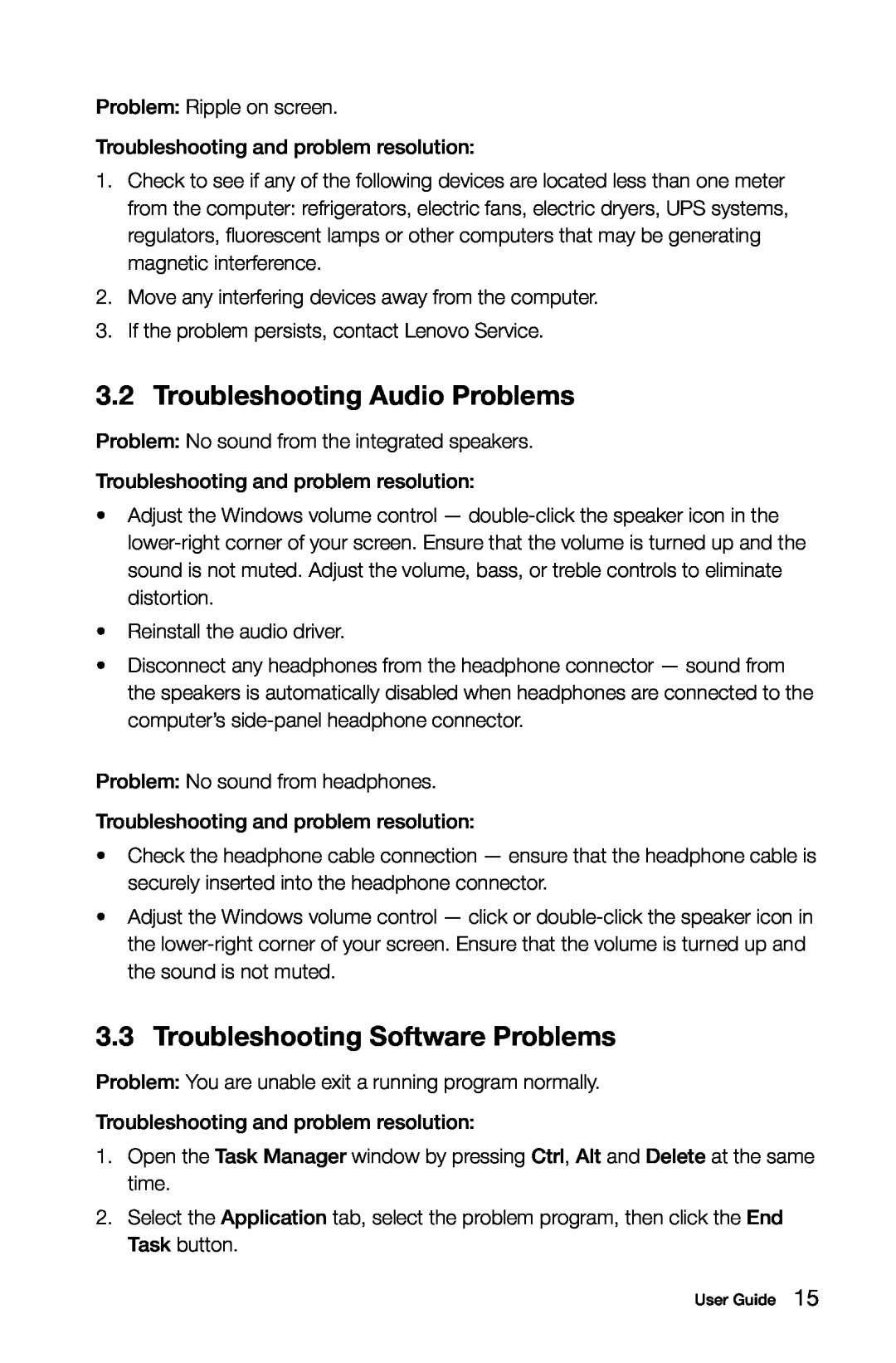 Lenovo H5S manual Troubleshooting Audio Problems, Troubleshooting Software Problems 