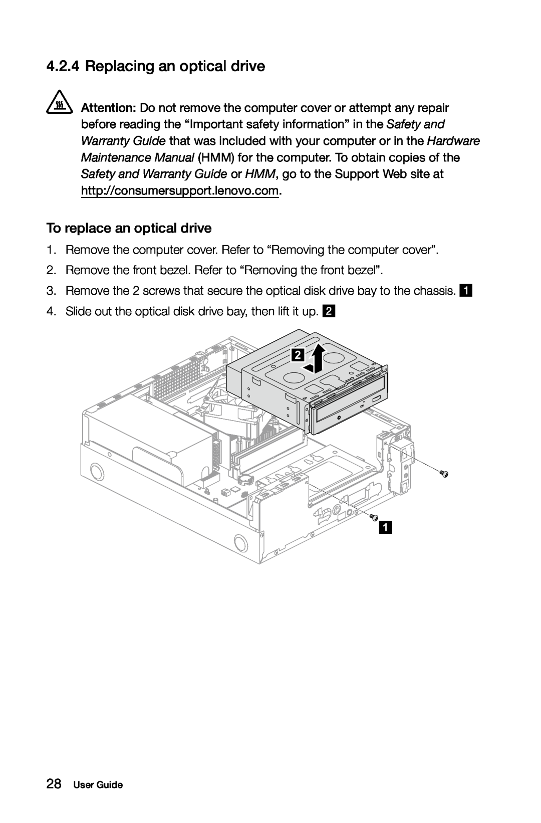 Lenovo H5S manual Replacing an optical drive, To replace an optical drive 