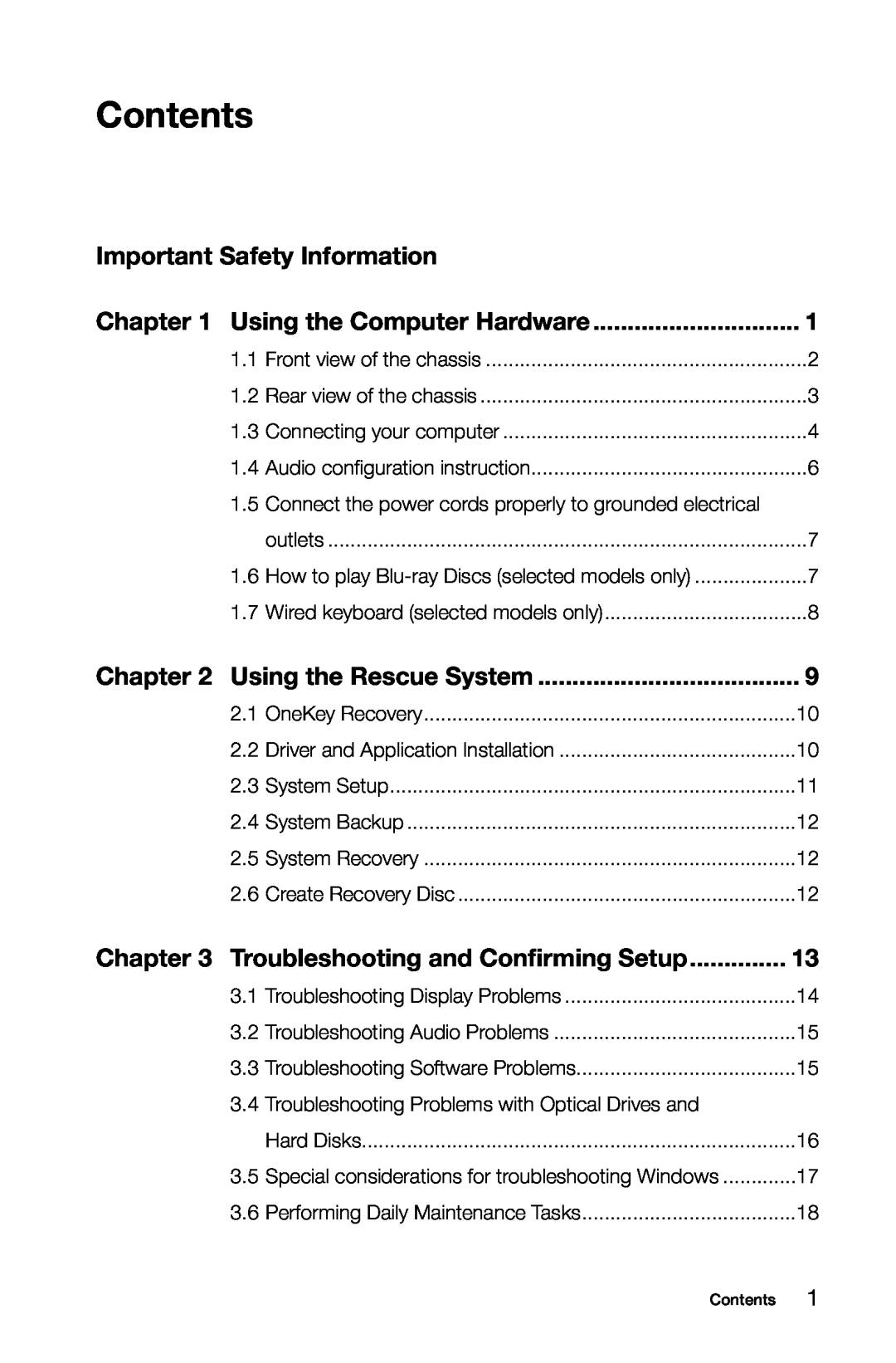 Lenovo H5S manual Contents, Important Safety Information, Using the Rescue System, Troubleshooting and Confirming Setup 