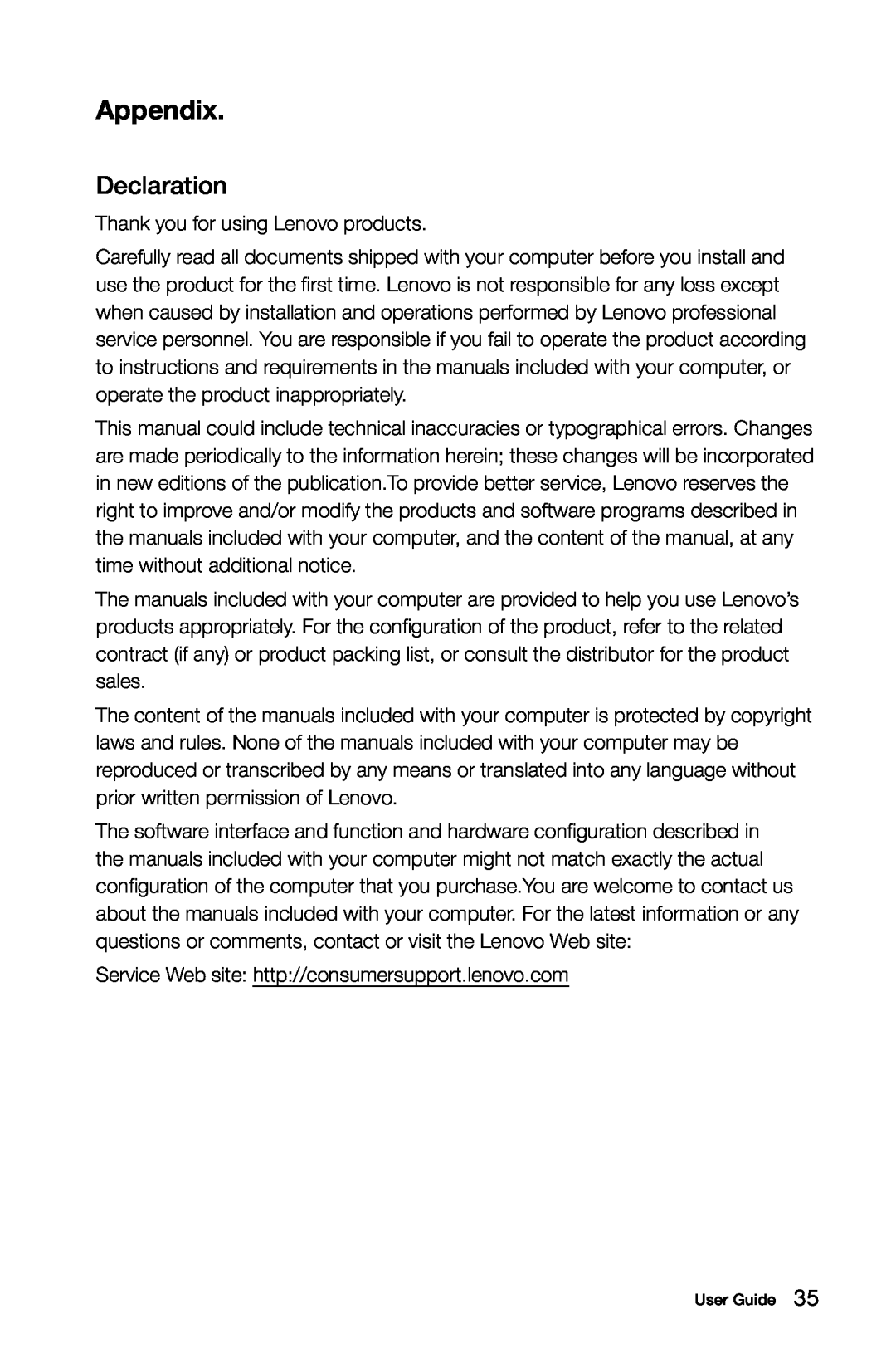 Lenovo H5S manual Appendix, Declaration 