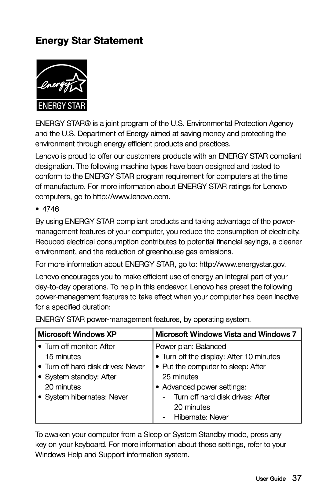 Lenovo H5S manual Energy Star Statement 