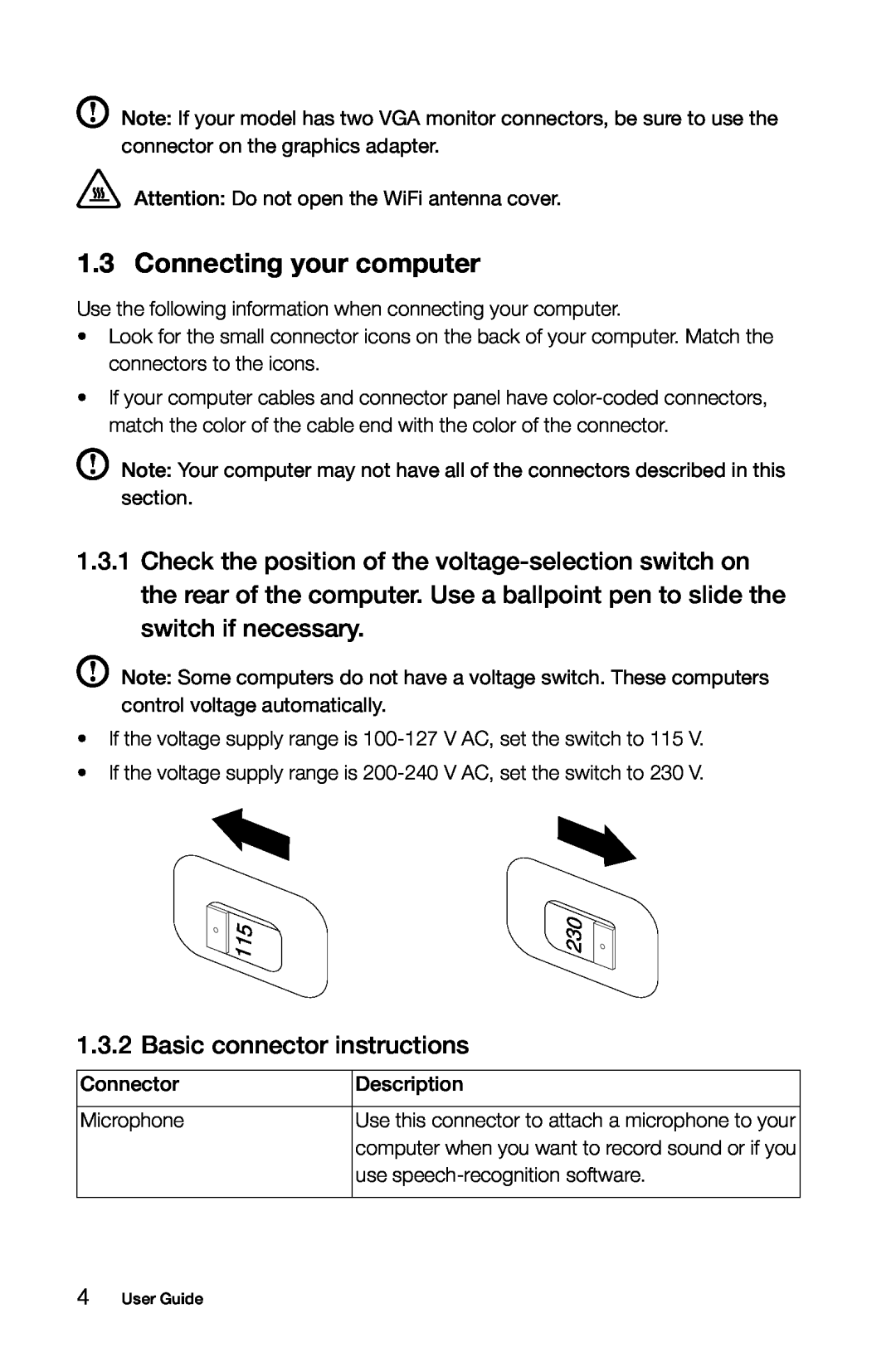 Lenovo H5S manual Connecting your computer, Basic connector instructions 