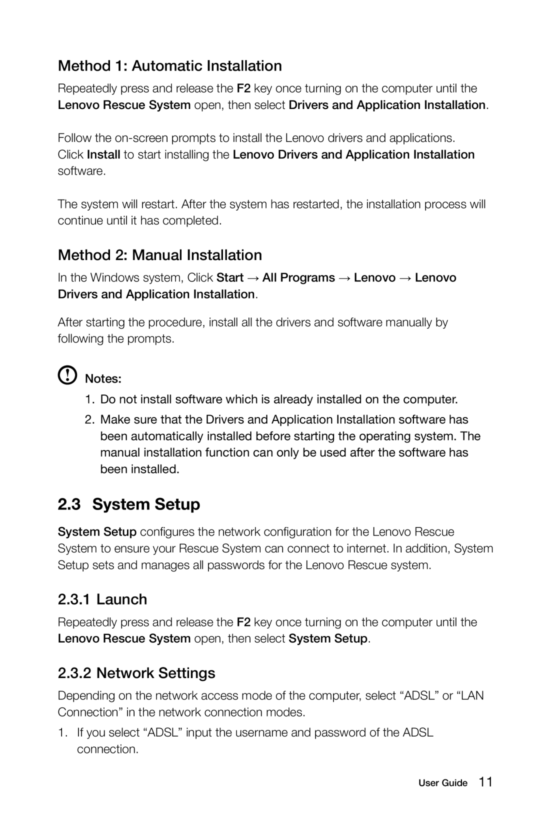 Lenovo H5S manual System Setup, Method 1 Automatic Installation, Method 2 Manual Installation, Launch, Network Settings 