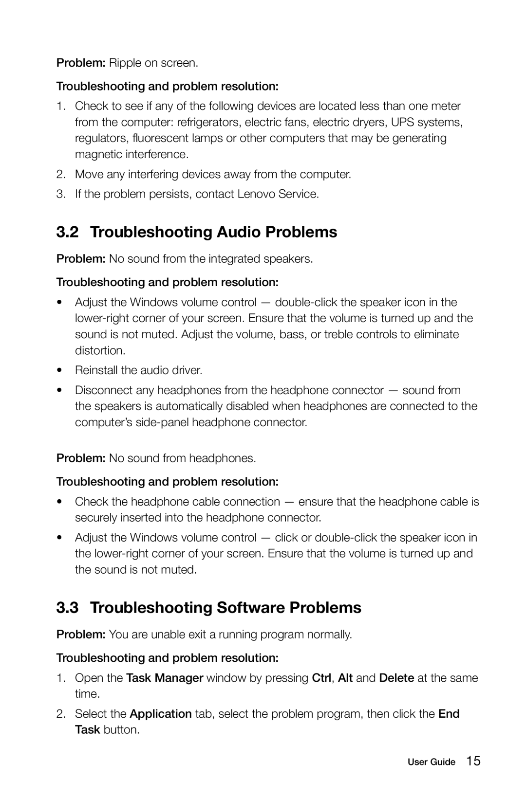 Lenovo H5S manual Troubleshooting Audio Problems, Troubleshooting Software Problems 