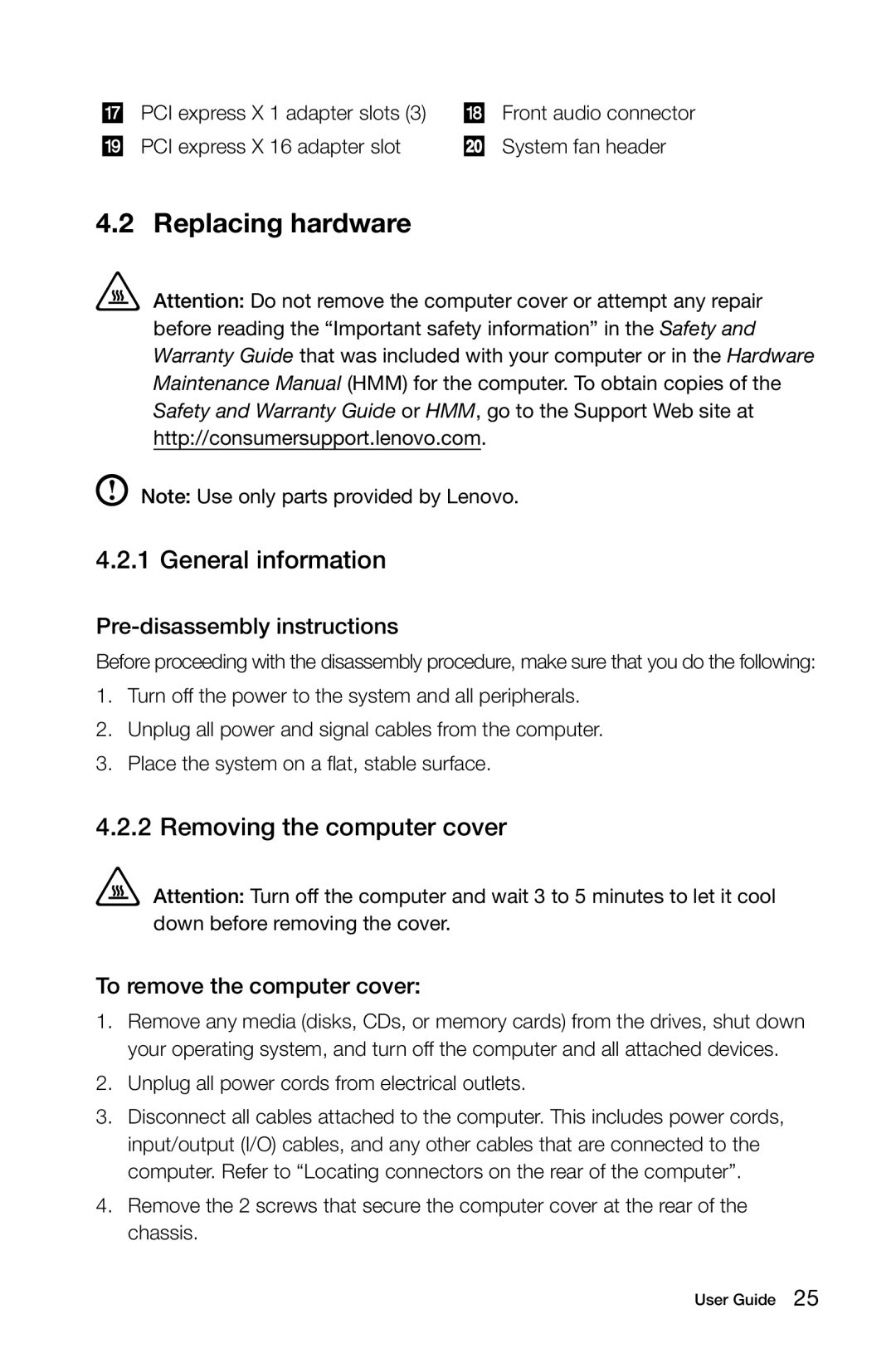 Lenovo H5S manual Replacing hardware, General information, Removing the computer cover, Pre-disassembly instructions 