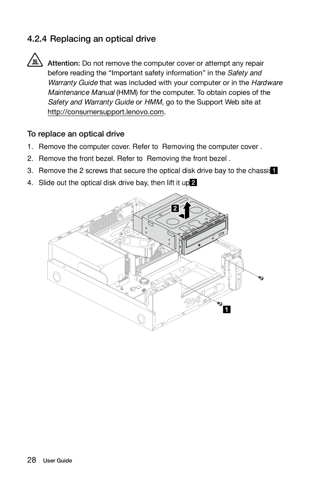 Lenovo H5S manual Replacing an optical drive, To replace an optical drive 