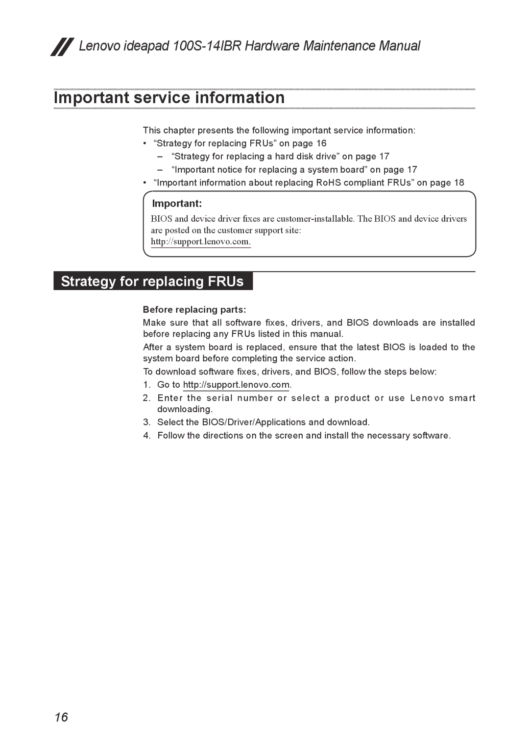 Lenovo IdeaPad 100S manual Important service information, Strategy for replacing FRUs 