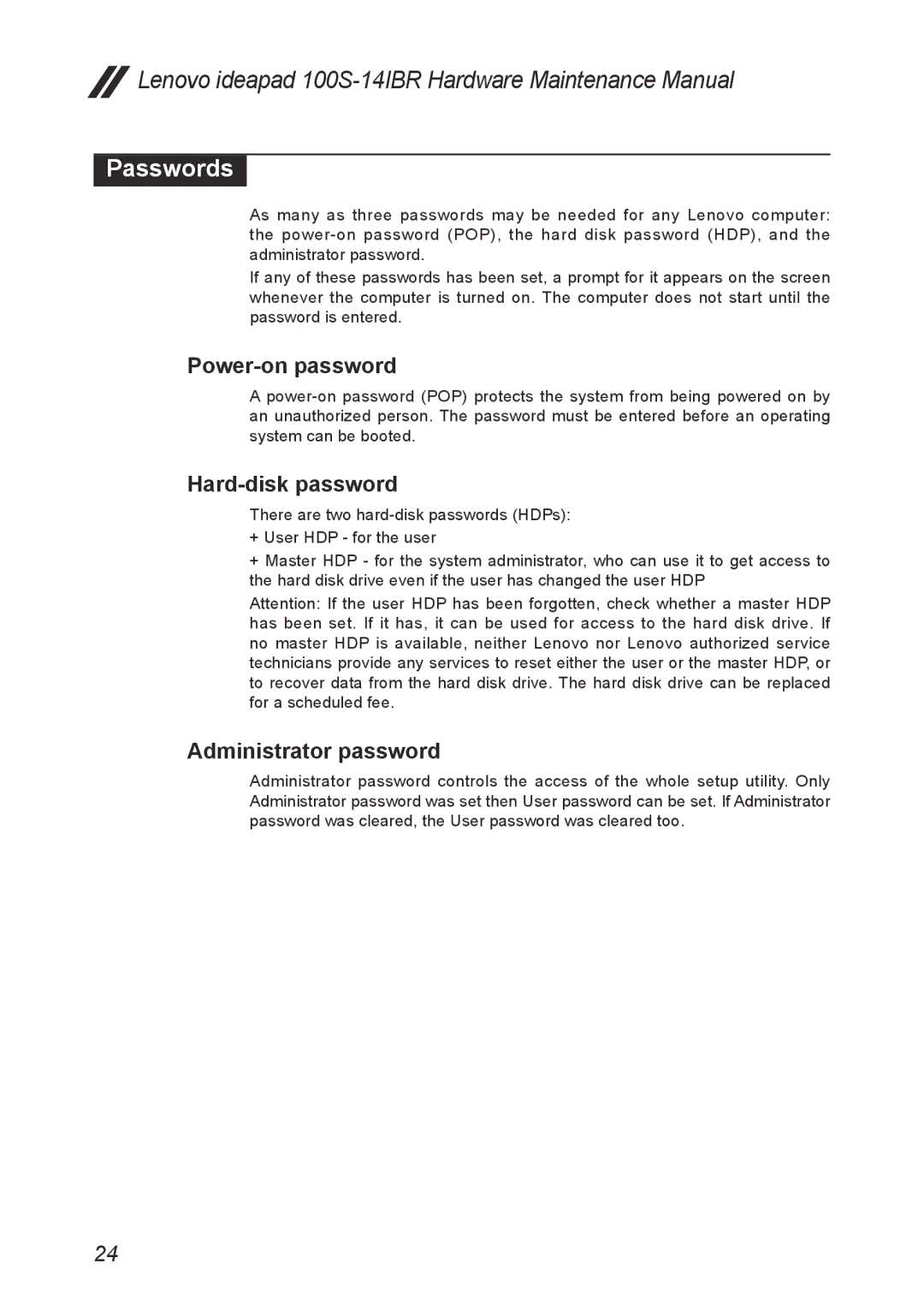 Lenovo IdeaPad 100S manual Passwords, Power-on password, Hard-disk password, Administrator password 