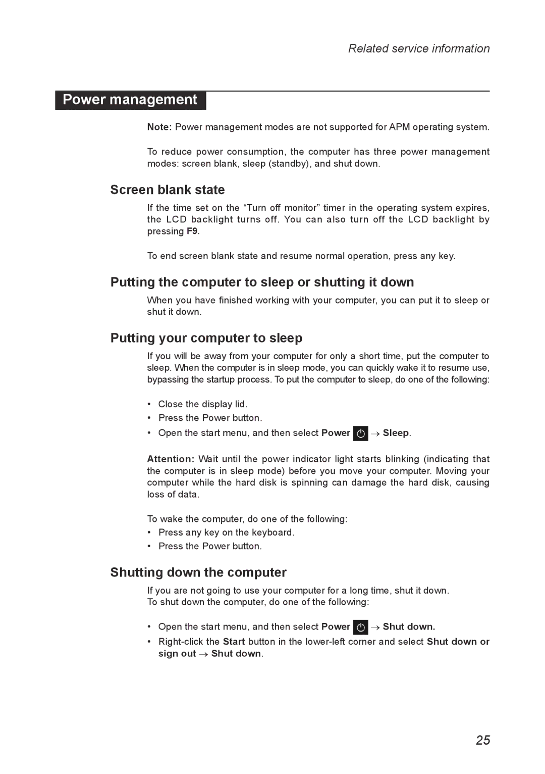 Lenovo IdeaPad 100S manual Power management, Screen blank state, Putting the computer to sleep or shutting it down 