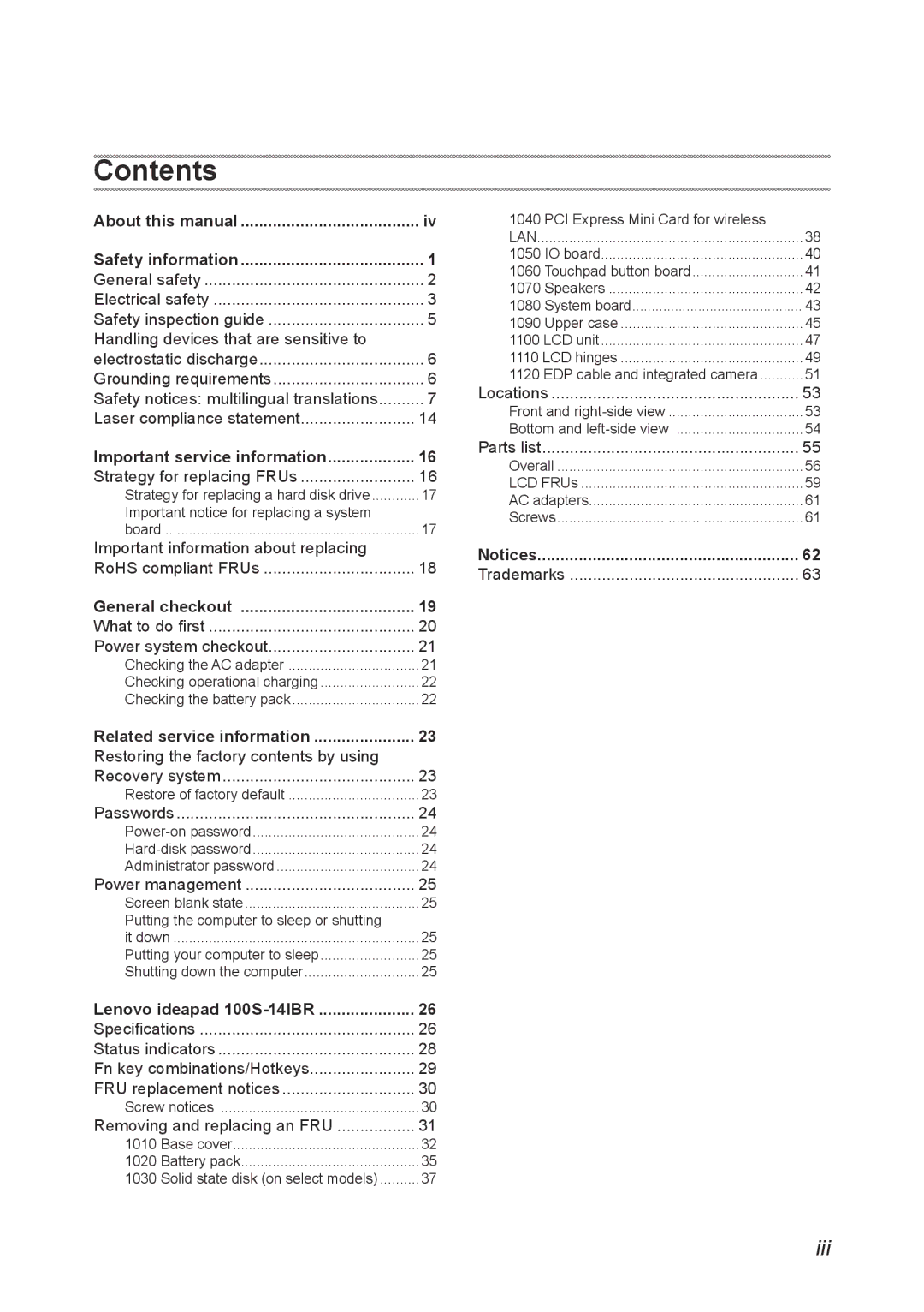 Lenovo IdeaPad 100S manual Contents 