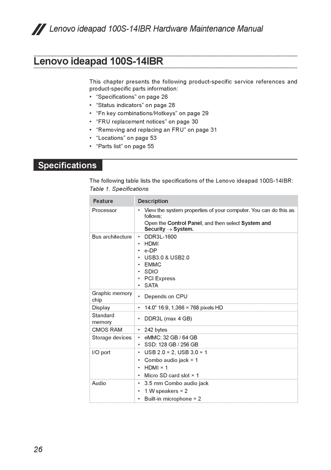 Lenovo IdeaPad 100S manual Lenovo ideapad 100S-14IBR, Specifications 