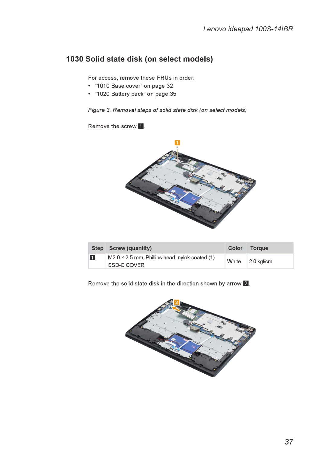 Lenovo IdeaPad 100S manual Solid state disk on select models, Remove the screw 