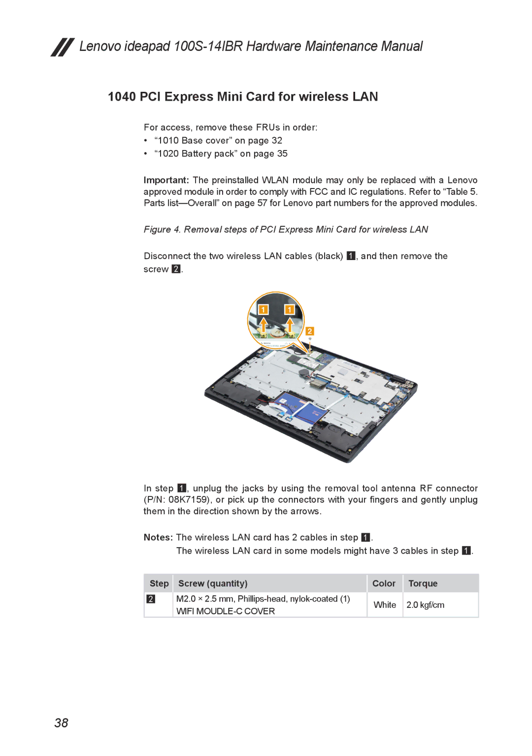 Lenovo IdeaPad 100S manual Removal steps of PCI Express Mini Card for wireless LAN 