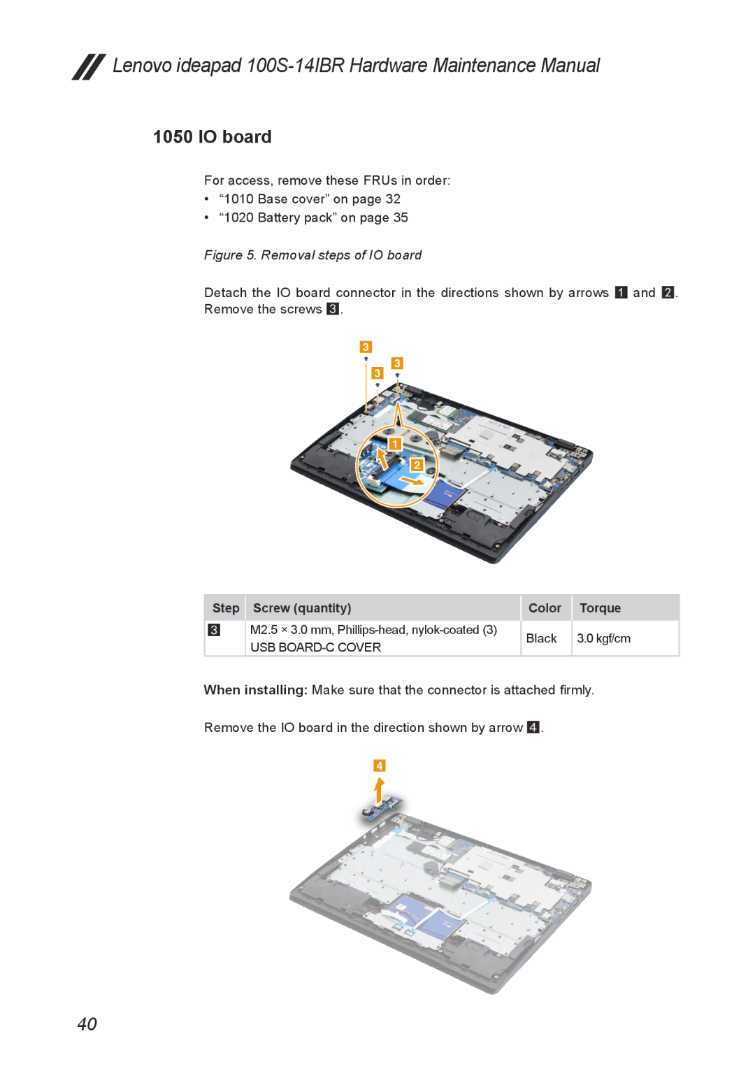 Lenovo IdeaPad 100S manual Removal steps of IO board 